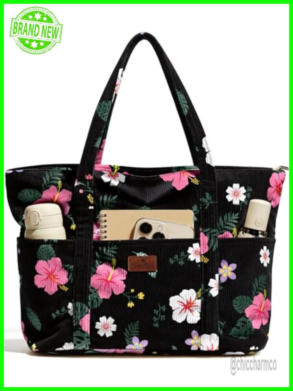 Large Corduroy Tote Bag for Women Zipper Shoulder Bag Travel Work